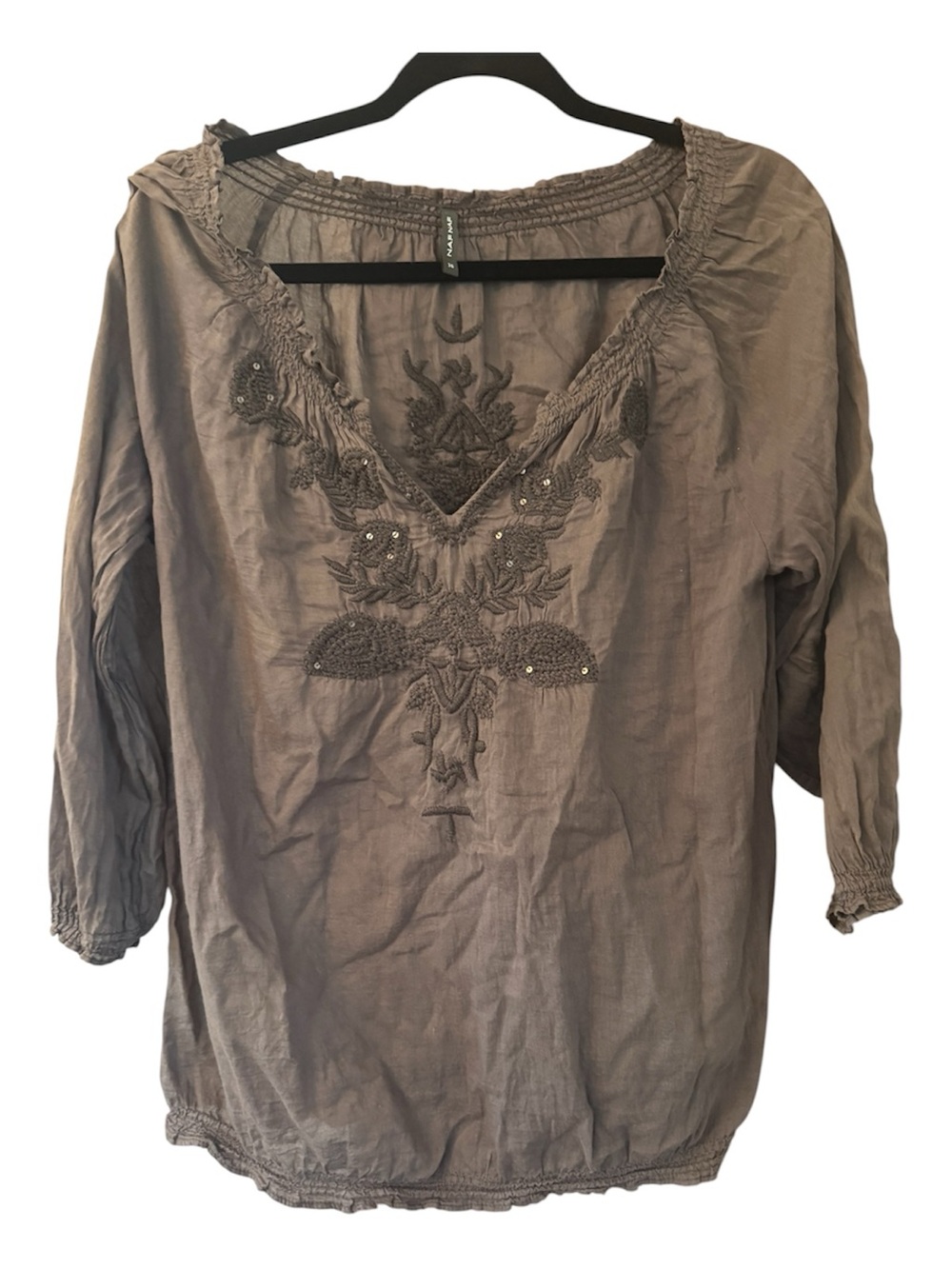 NAF NAF Embroidered Cotton Peasant Top - Taupe Size 36
